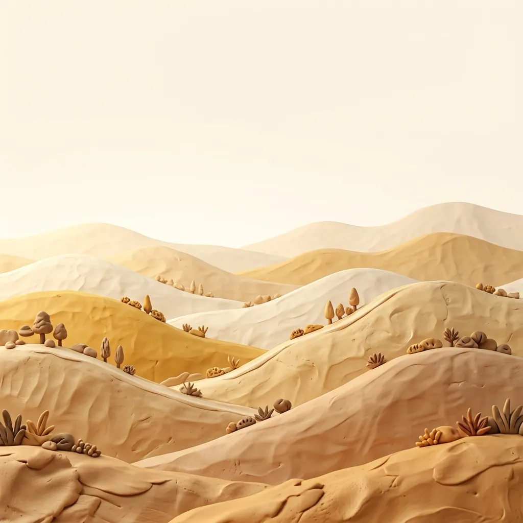 3D claymation rolling mountain range horizon in warm cream and ochre tones