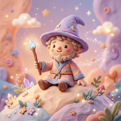 3D claymation illustration of a friendly digital wizard mascot holding a glowing crystal wand.